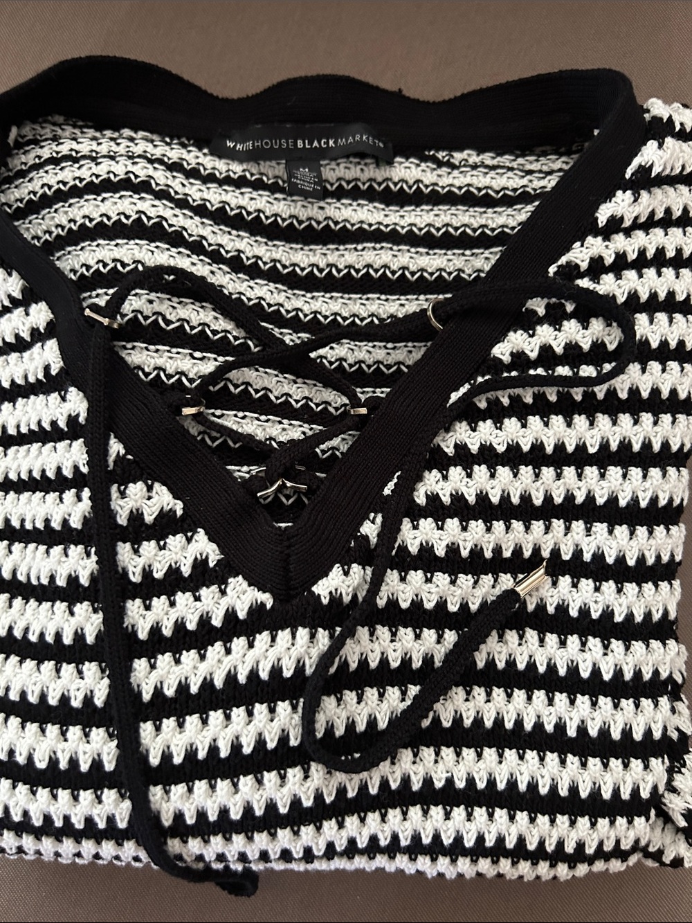 White House Black Market Black and White Striped V-Neck Sweater